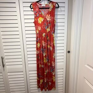 French Grey‎ Maxi Dress Floral Print Red Yellow Sleeveless Button V Neck XL New